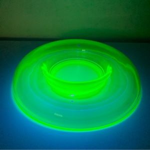 Art Deco Rolled Edge Centerpiece Bowl Uranium Green Depression Glass 10" Vintage
